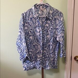 JM Collection Button Down top swirl print 3/4 sleeve Linen Blue White 14W